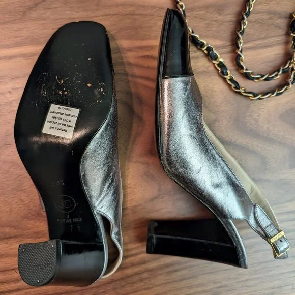 Vintage Chanel Silver Cap Toe Slingback Block Heel Pumps, Sz 36 - Picture 8 of 10